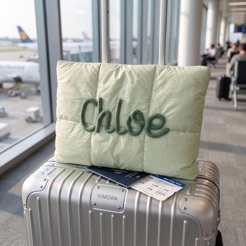 May include: A light green quilted rectangular pillow featuring the name Chloe in dark green knitted script lettering, resting on a silver metallic Rimowa suitcase with a United States passport and a boarding pass for a flight from LHR to JFK.