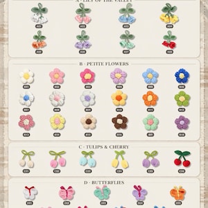 May include: A selection chart titled CHOOSE YOUR ICON featuring crochet appliques categorized into four groups: A Lily of the Valley, B Petite Flowers, C Tulips & Cherry, and D Butterflies. Each item has a unique alphanumeric code for identification.