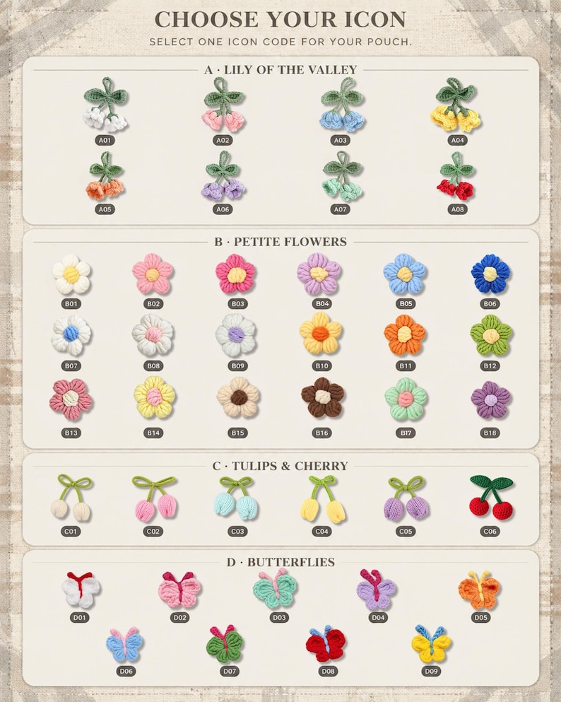 May include: A selection chart titled CHOOSE YOUR ICON featuring crochet appliques categorized into four groups: A Lily of the Valley, B Petite Flowers, C Tulips & Cherry, and D Butterflies. Each item has a unique alphanumeric code for identification.