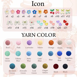 May include: A color chart with yarn colors and crochet icons. The yarn colors include Rose, Pink, Lavender, Yellow, Orange, Khaki, White, Mint Green, Tiffany Blue, Baby Blue, Lake Blue, Blue, Sky Blue, Sapphire Blue, Mustard Green, Avocado Green, Leaf Green, Ginger Yellow, Brick, and Black.