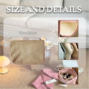 May include: A rectangular corduroy pouch with a zipper closure. The main view shows dimensions of 10 inches by 7 inches. Additional images display the interior lining, a selection of pouches in different colors, and the pouch filled with items.