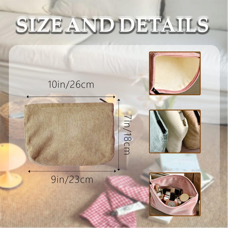 May include: A rectangular corduroy pouch with a zipper closure. The main view shows dimensions of 10 inches by 7 inches. Additional images display the interior lining, a selection of pouches in different colors, and the pouch filled with items.