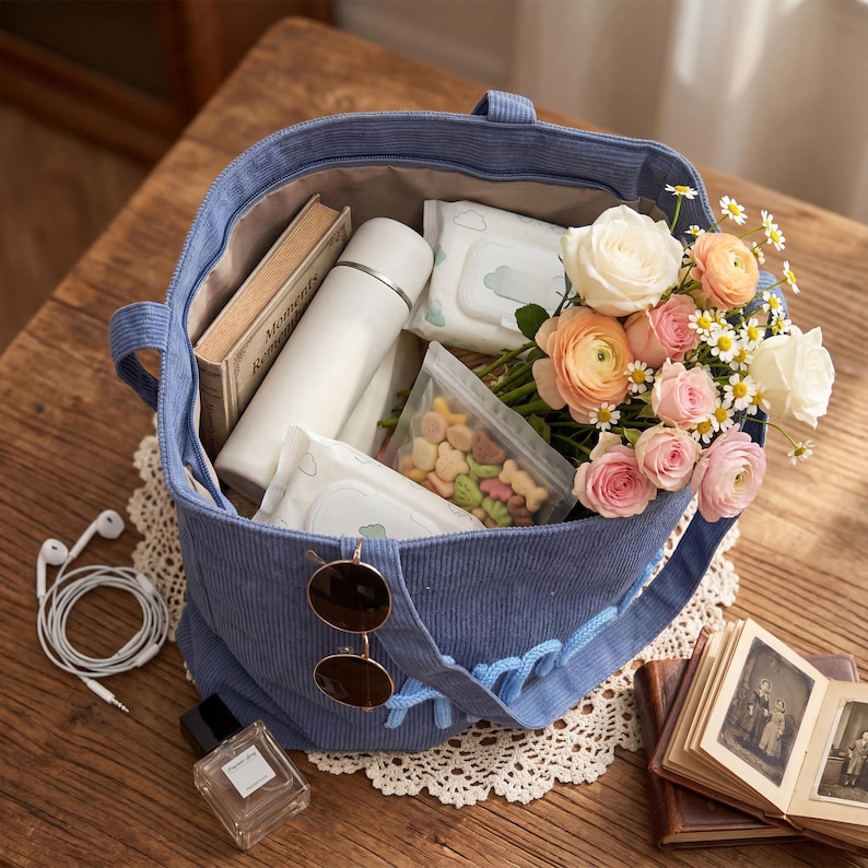 May include: A blue corduroy tote bag filled with a white thermos, a book titled Moments Remembered, two packs of wet wipes, a clear pouch of colorful snacks, and a bouquet of white, pink, and orange flowers. Round sunglasses hang from the bag strap.
