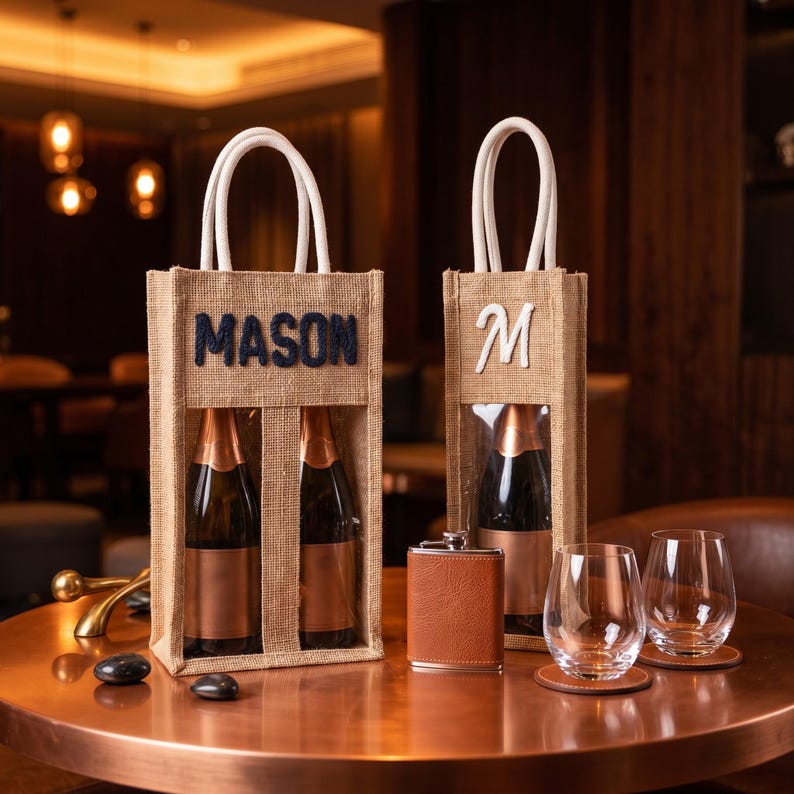 May include: Two tan burlap wine bags with white rope handles. One bag holds two wine bottles and features the dark blue text MASON. The other bag holds one wine bottle and features a white letter M. A brown leather flask and two clear glasses.