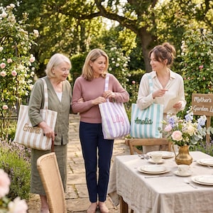 Peut inclure: Trois sacs fourre-tout en toile &agrave; rayures verticales beige, lavande et bleu clair. Chaque sac pr&eacute;sente un pr&eacute;nom personnalis&eacute; brod&eacute; en &eacute;criture cursive : Emma sur le sac beige, Lily sur le sac lavande et Amelia sur le sac bleu clair.