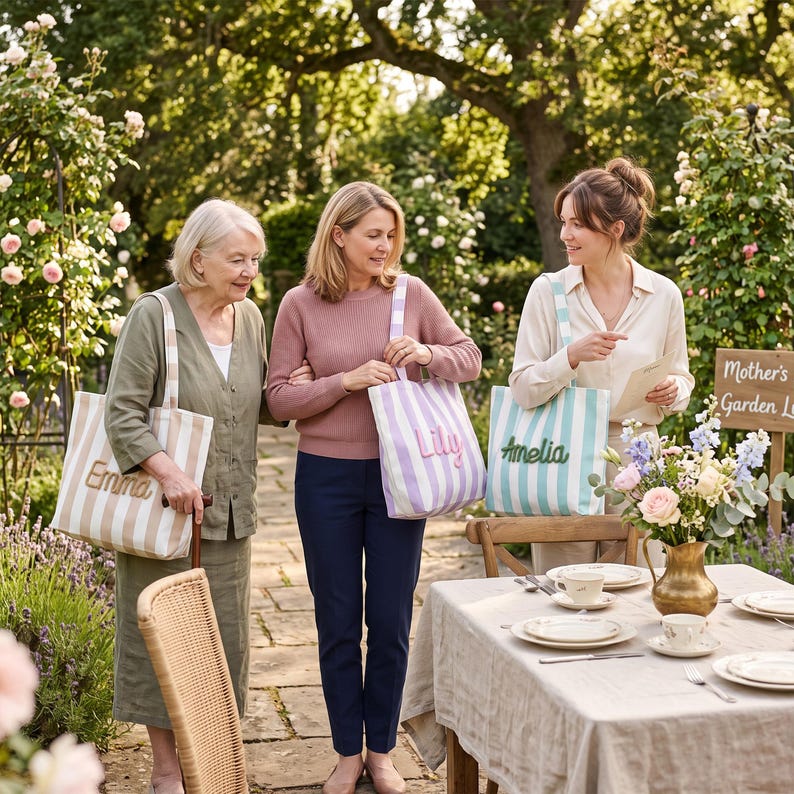 Peut inclure: Trois sacs fourre-tout en toile &agrave; rayures verticales beige, lavande et bleu clair. Chaque sac pr&eacute;sente un pr&eacute;nom personnalis&eacute; brod&eacute; en &eacute;criture cursive : Emma sur le sac beige, Lily sur le sac lavande et Amelia sur le sac bleu clair.