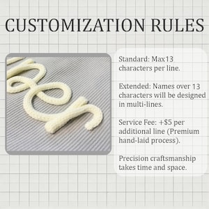 May include: Image with the text "CUSTOMIZATION RULES". It shows a cream-colored, cursive-style word on a gray surface. Text on the right details customization guidelines, including character limits and service fees for additional lines.