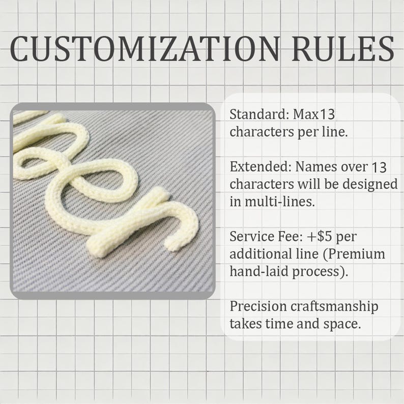 May include: Image with the text "CUSTOMIZATION RULES". It shows a cream-colored, cursive-style word on a gray surface. Text on the right details customization guidelines, including character limits and service fees for additional lines.