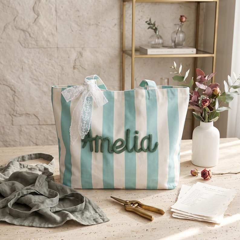 Peut inclure: Un sac fourre-tout &agrave; rayures verticales bleu clair et blanches avec le pr&eacute;nom Amelia brod&eacute; en &eacute;criture cursive vert fonc&eacute; sur le devant. Un ruban en dentelle blanche est nou&eacute; &agrave; une anse. Le sac est en tissu et poss&egrave;de deux anses.