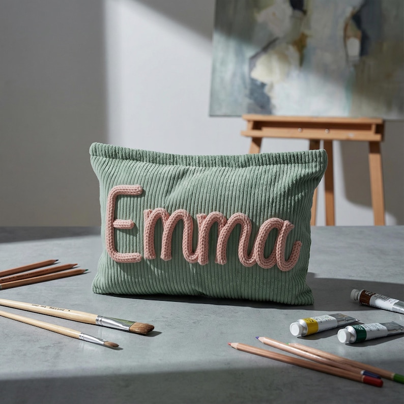 May include: A rectangular sage green corduroy pouch featuring the name Emma in raised, soft pink knitted lettering centered on the front. The pouch has a textured ribbed fabric surface and is positioned among various wooden pencils and paint tubes.