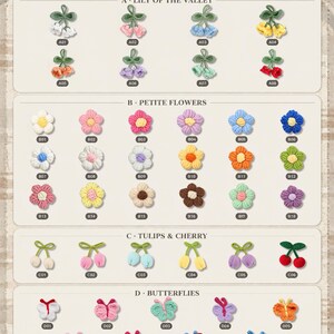 May include: A chart titled CHOOSE YOUR ICON displaying various crochet appliques categorized by letter and code. Sections include A Lily of the Valley, B Petite Flowers, C Tulips & Cherry, and D Butterflies, featuring colorful yarn motifs.
