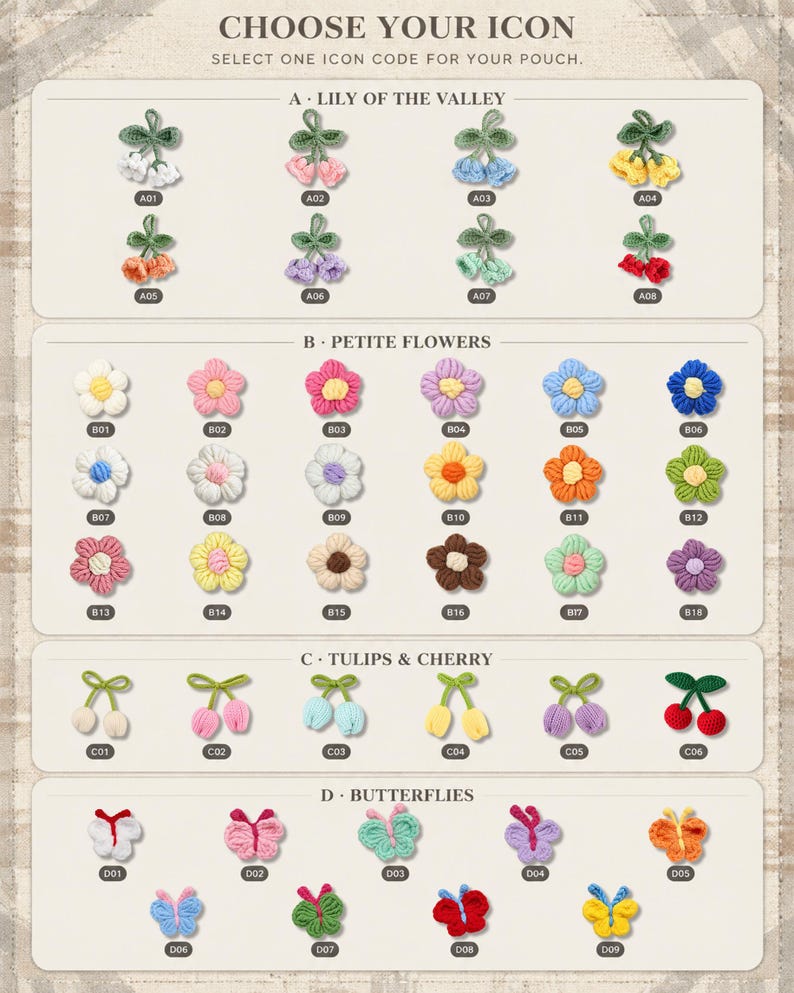 May include: A chart titled CHOOSE YOUR ICON displaying various crochet appliques categorized by letter and code. Sections include A Lily of the Valley, B Petite Flowers, C Tulips & Cherry, and D Butterflies, featuring colorful yarn motifs.