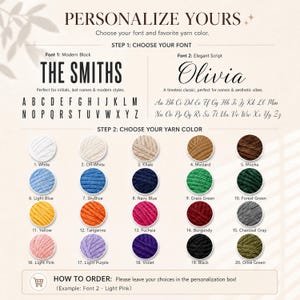 May include: A personalization guide featuring two font options, Modern Block and Elegant Script, with full alphabets. Below are twenty numbered yarn color swatches including white, khaki, mustard, mocha, blue, green, burgundy, gray, pink, purple, and black.