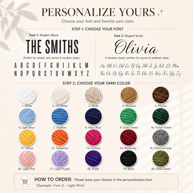 May include: A personalization guide featuring two font options, Modern Block and Elegant Script, with full alphabets. Below are twenty numbered yarn color swatches including white, khaki, mustard, mocha, blue, green, burgundy, gray, pink, purple, and black.