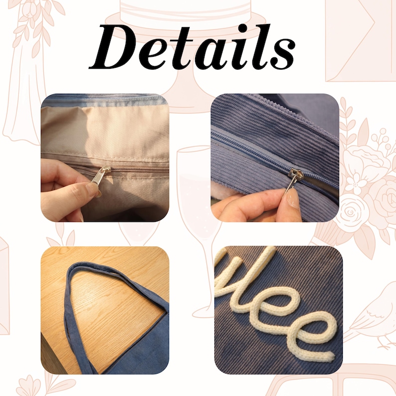 May include: A collage of details, including a close-up of a zipper, a blue tote bag, and the word "yulee" in white rope on a blue background. The word "Details" is written in black script at the top.