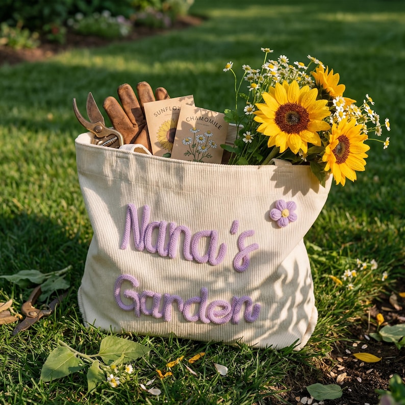 Personalized Gigi Tote Bag, Mothers Day Surprise Gift for Grandma, Custom Corduroy Chunky Yarn Name Purse, Gifts from Grandkids, Nana Tote image 3
