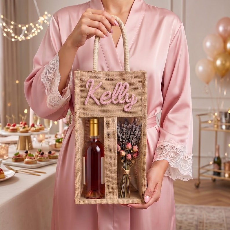 May include: A rectangular jute gift bag with two top handles, featuring the name Kelly in pink script lettering. The bag has two interior compartments, one holding a glass bottle of rose wine and the other containing a bouquet of dried lavender and roses.