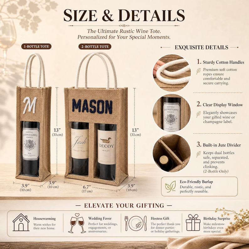 May include: A tan burlap wine tote set featuring a single-bottle bag with a white letter M and a two-bottle bag with the name MASON in dark blue. The bags have white cotton rope handles, clear display windows, and dimensions of 13 inches by 3.9 inches.
