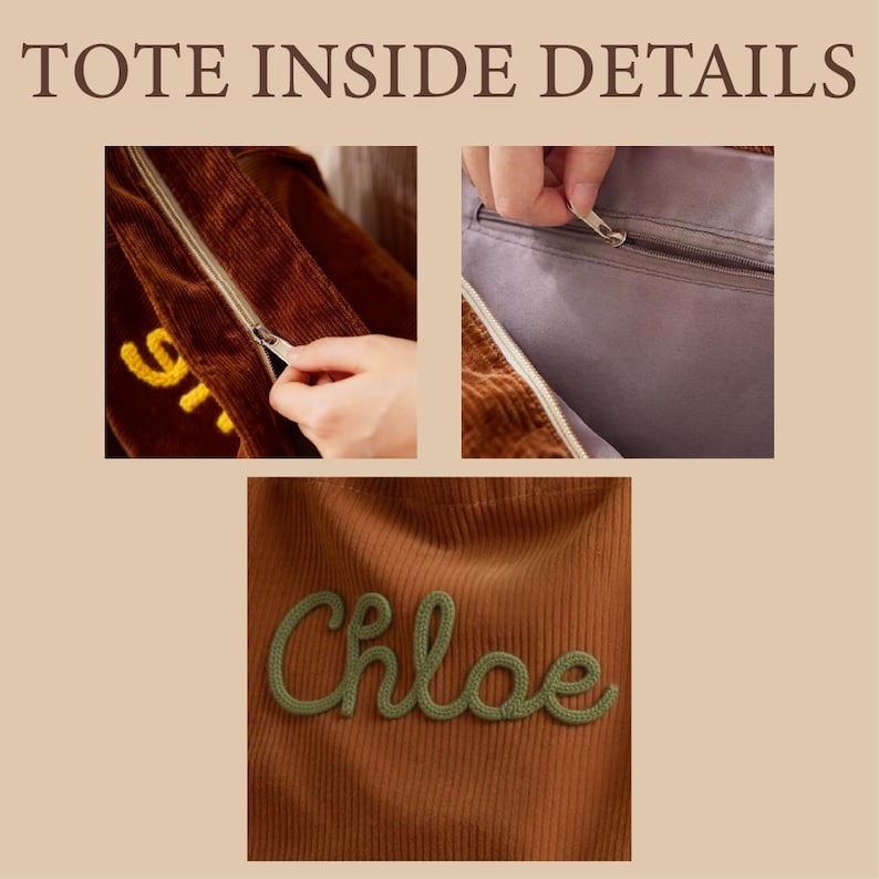 May include: A brown corduroy tote bag featuring the text TOTE INSIDE DETAILS at the top. The bag has a green embroidered script name Chloe on the front, a top zipper closure, and an interior zippered pocket with a matching brown lining.