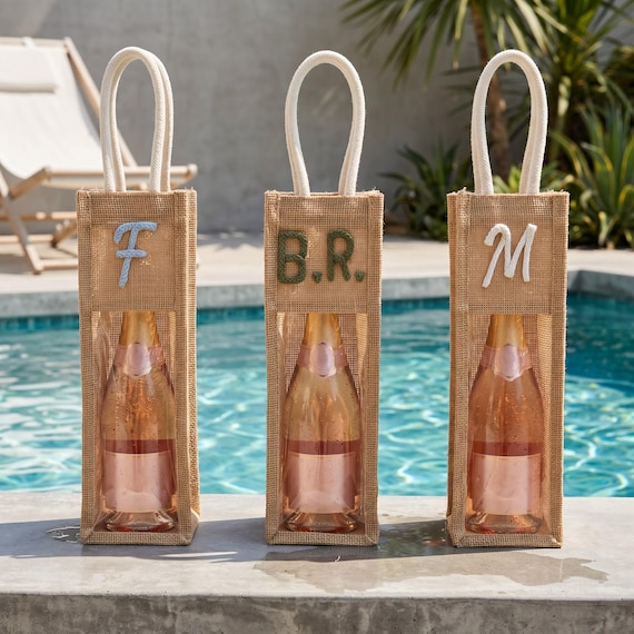 Personalized Burlap Wine Bag, Monogram Jute Wine Tote with Window, Bachelorette Party Favor, Bridesmaid Proposal, Summer Hostess Gift