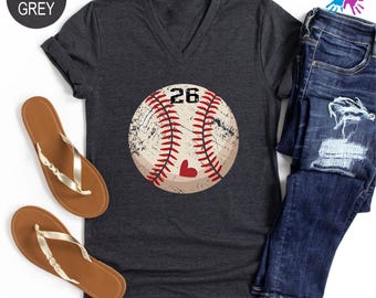 Baseball Number V-Neck Shirt, Personalized Baseball V Neck Tee, Custom Baseball Mom V Neck, Player Number Shirt, Game Day Vneck T-Shirt