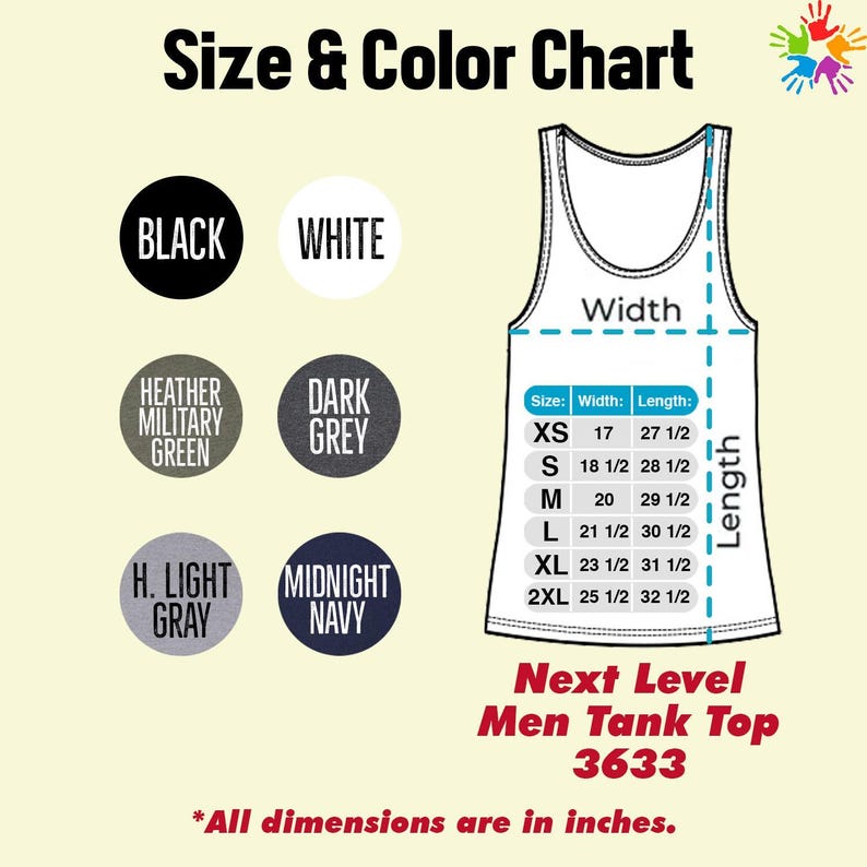 The image is a size and color chart for a men's tank top, with various color options and corresponding measurements.