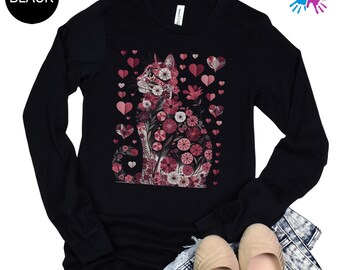 Cute Kitten Heart Shirt for Girls, Floral Cat Long Sleeve Shirt, Pink Flower Cat Graphic Tee, Animal Lover Kids Long Sleeve, Spring Cat Tee