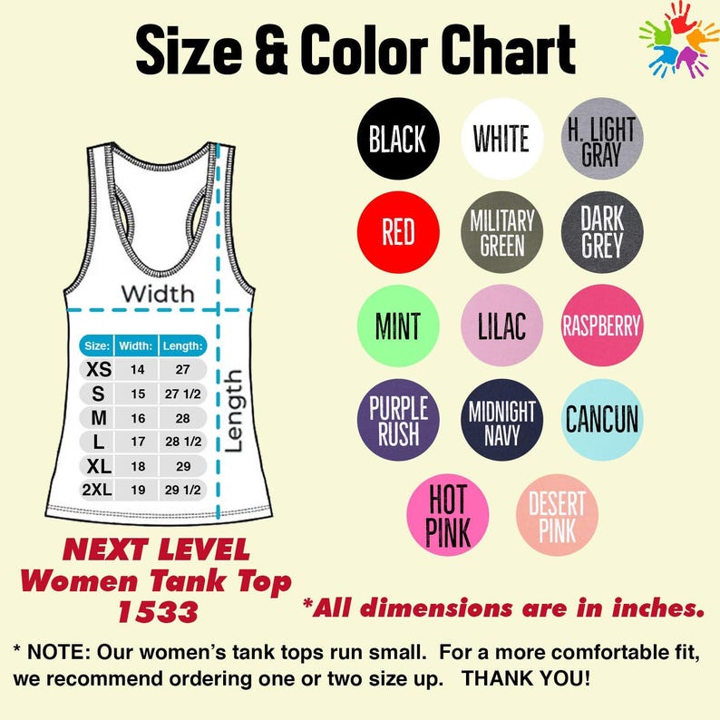 The image is a size and color chart for women's tank tops, providing dimensions and color options for different styles.