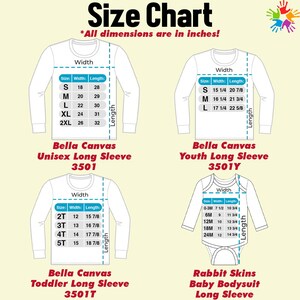 The image is a size chart for various clothing items, including a long sleeve shirt, a canvas long sleeve shirt, a toddler long sleeve shirt, and a long sleeve shirt. The chart provides measurements for each item, such as width, length, and sleeve size, in inches.