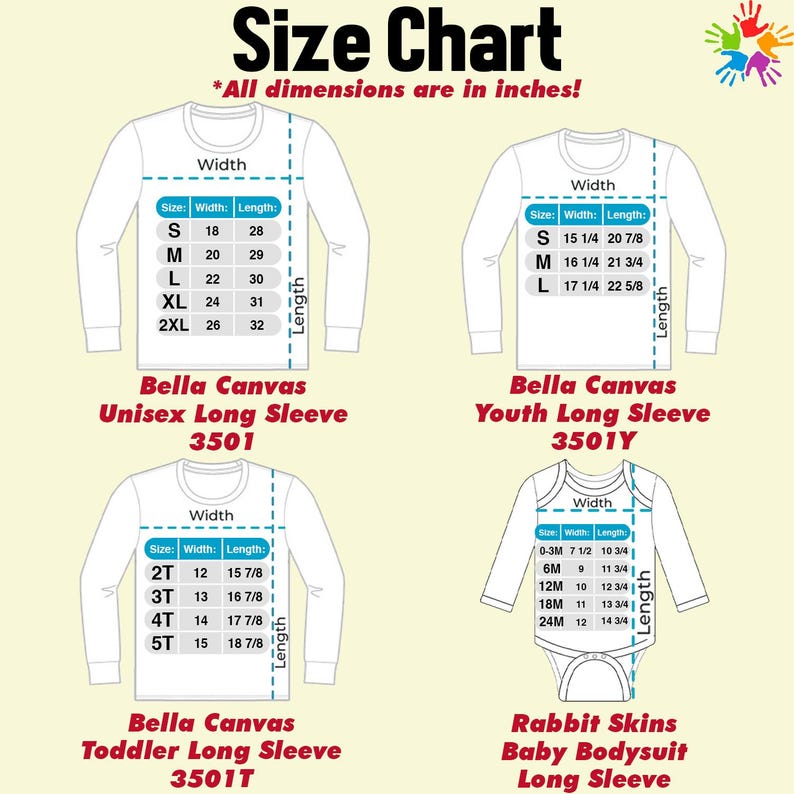 The image is a size chart for various clothing items, including a long sleeve shirt, a canvas long sleeve shirt, a toddler long sleeve shirt, and a long sleeve shirt. The chart provides measurements for each item, such as width, length, and sleeve size, in inches.