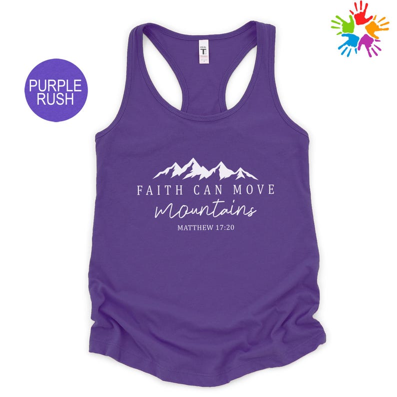 Purple tank top with a mountain range graphic and the text "Faith can move mountains" printed on it.