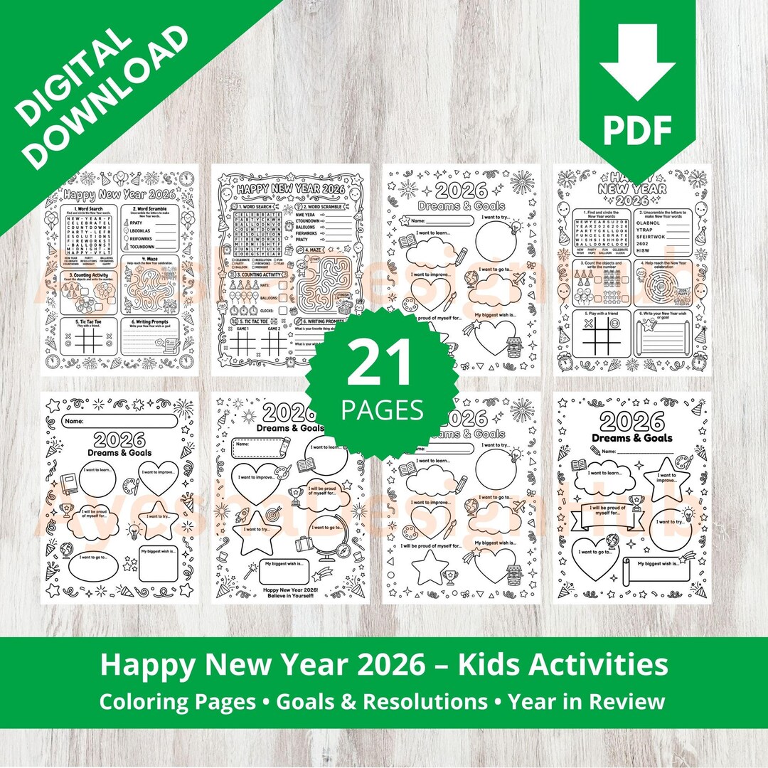 Happy New Year 2026 Kids Printable Bundle, Coloring Pages for Kids ...