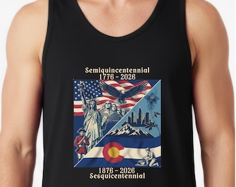 America's 250th Anniversary and Colorado's 150th Anniversary both celebrated on one soft, fun tank top with quiet patriotic pride.