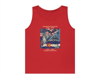 America's 250th Anniversary and Colorado's 150th Anniversary both celebrated on one soft, fun tank top with quiet patriotic pride.