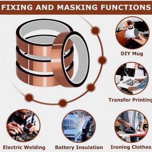 May include: Image of several rolls of brown masking tape with white and black edges. The text "FIXING AND MASKING FUNCTIONS" is at the top. The image also shows examples of the tape's uses: DIY mug, transfer printing, electric welding, battery insulation, and ironing clothes.