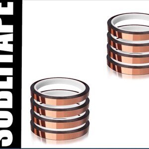 May include: Stacks of copper-colored heat transfer tape rolls with white edges. The tape is arranged in three separate stacks against a white background. The word "SUBLITAPE" is printed vertically in white letters on a black background.