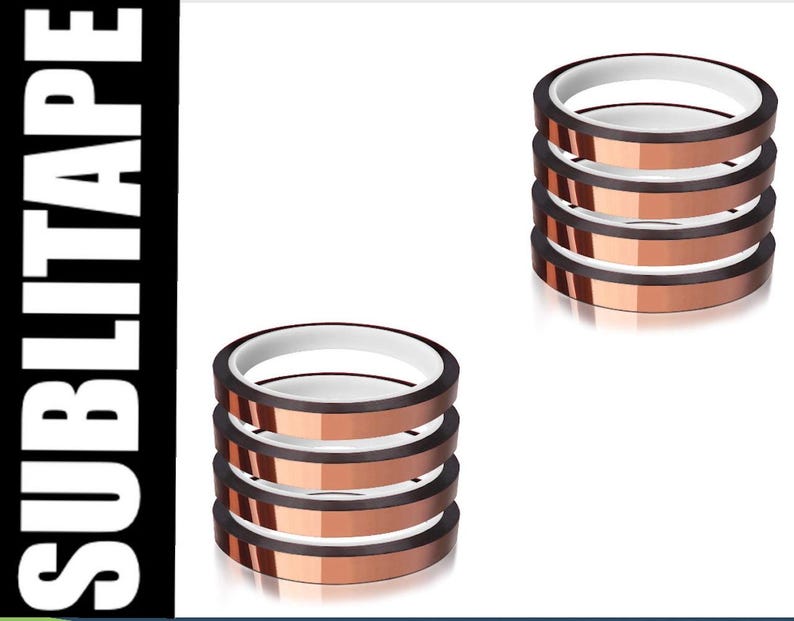 May include: Stacks of copper-colored heat transfer tape rolls with white edges. The tape is arranged in three separate stacks against a white background. The word "SUBLITAPE" is printed vertically in white letters on a black background.
