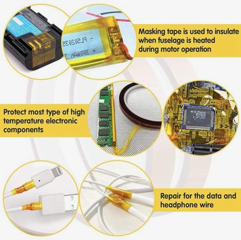 May include: An image showcasing various electronic components and repair techniques. It includes a battery, circuit boards, and wires, with text indicating the use of masking tape for insulation and repair of data and headphone wires.