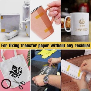 May include: A collage of images demonstrating the use of heat transfer tape. The images show mugs, a tote bag, and a t-shirt being prepared for heat transfer. The text in the image reads: "For fixing transfer paper without any residual."