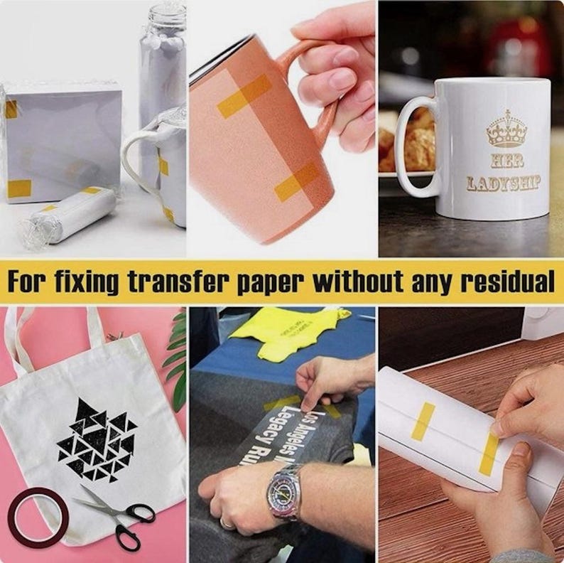 May include: A collage of images demonstrating the use of heat transfer tape. The images show mugs, a tote bag, and a t-shirt being prepared for heat transfer. The text in the image reads: "For fixing transfer paper without any residual."
