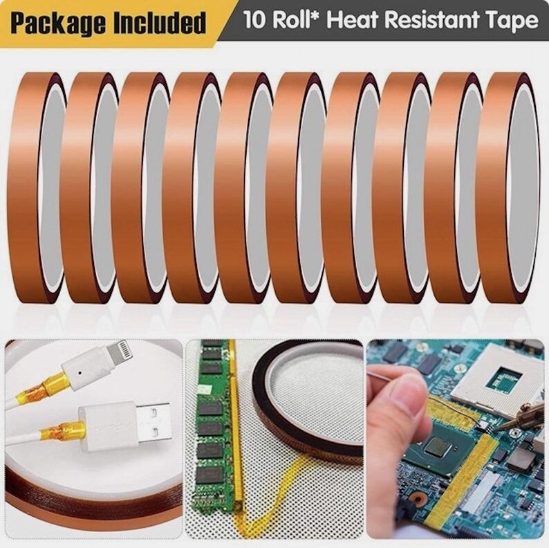 May include: Ten rolls of heat-resistant tape are displayed, each with a brown exterior and a white interior. The packaging includes the text "Package Included" and "10 Roll* Heat Resistant Tape". Additional images show the tape being used on electronics.