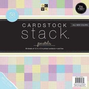 May include: A cardstock stack featuring a pastel color palette. The package includes 58 sheets of 12 x 12 inch printed cardstock. The product is acid-free and includes the text "CARDSTOCK stack pastels".