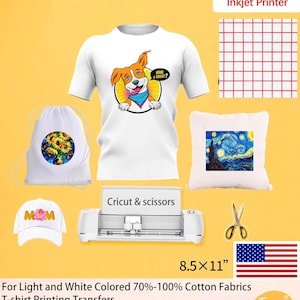 May include: A white t-shirt with a cartoon dog graphic, a white drawstring bag with a sunflower design, a white baseball cap with "MOM" text, and a white pillow with a "Starry Night" design. The image also includes a printer, scissors, and a US flag. The text reads "Light Fabric Inkjet Printer".