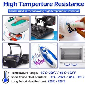 May include: Image showcasing heat transfer tools and their applications. Includes a heat press, a cap press, and an iron, along with a small oven. Text reads "High Temperature Resistance" and temperature ranges in Fahrenheit and Celsius.