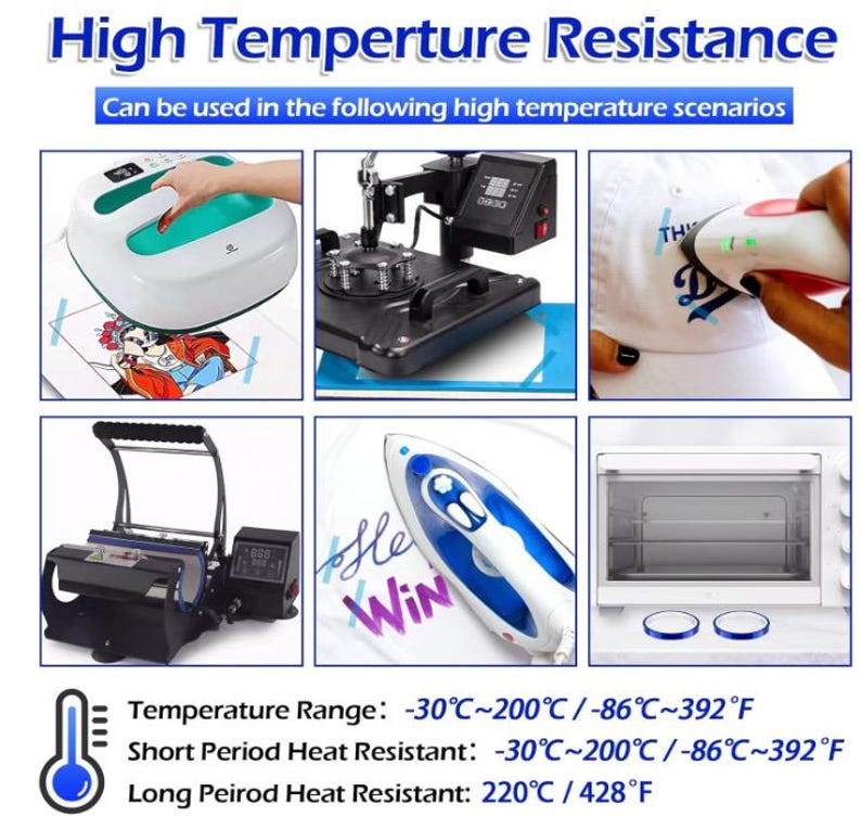 May include: Image showcasing heat transfer tools and their applications. Includes a heat press, a cap press, and an iron, along with a small oven. Text reads "High Temperature Resistance" and temperature ranges in Fahrenheit and Celsius.