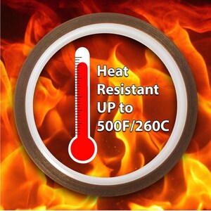 May include: Circular heat-resistant tape with a brown outer ring and a white inner ring. The image features a red thermometer graphic and text that reads "Heat Resistant UP to 500F/260C" against a fiery background.