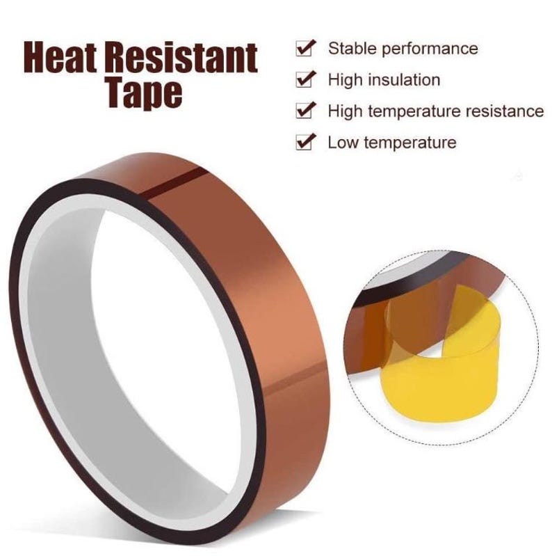 May include: A roll of heat-resistant tape with a brown exterior and a white interior. The text "Heat Resistant Tape" is displayed above a list of features, including stable performance and high insulation.