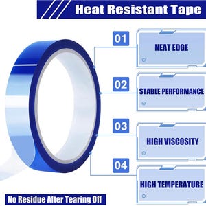 May include: A roll of blue heat-resistant tape with the text "Heat Resistant Tape." Features include neat edges, stable performance, high viscosity, and high temperature resistance. The tape leaves no residue after tearing off.