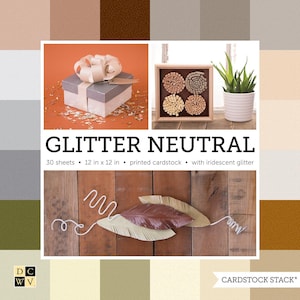 May include: A collage featuring a gift box with a bow, a framed artwork, and a potted plant. The image also includes decorative paper feathers and the text "GLITTER NEUTRAL" with product details: 30 sheets, 12 x 12 in printed cardstock with iridescent glitter.