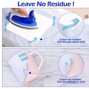 May include: The image shows a blue and white iron on a white surface, with a close-up of a blue tape being peeled off. Below, a pink mug has blue tape applied. The text reads "Leave No Residue!" and "Leave no residue, Get the job done well."